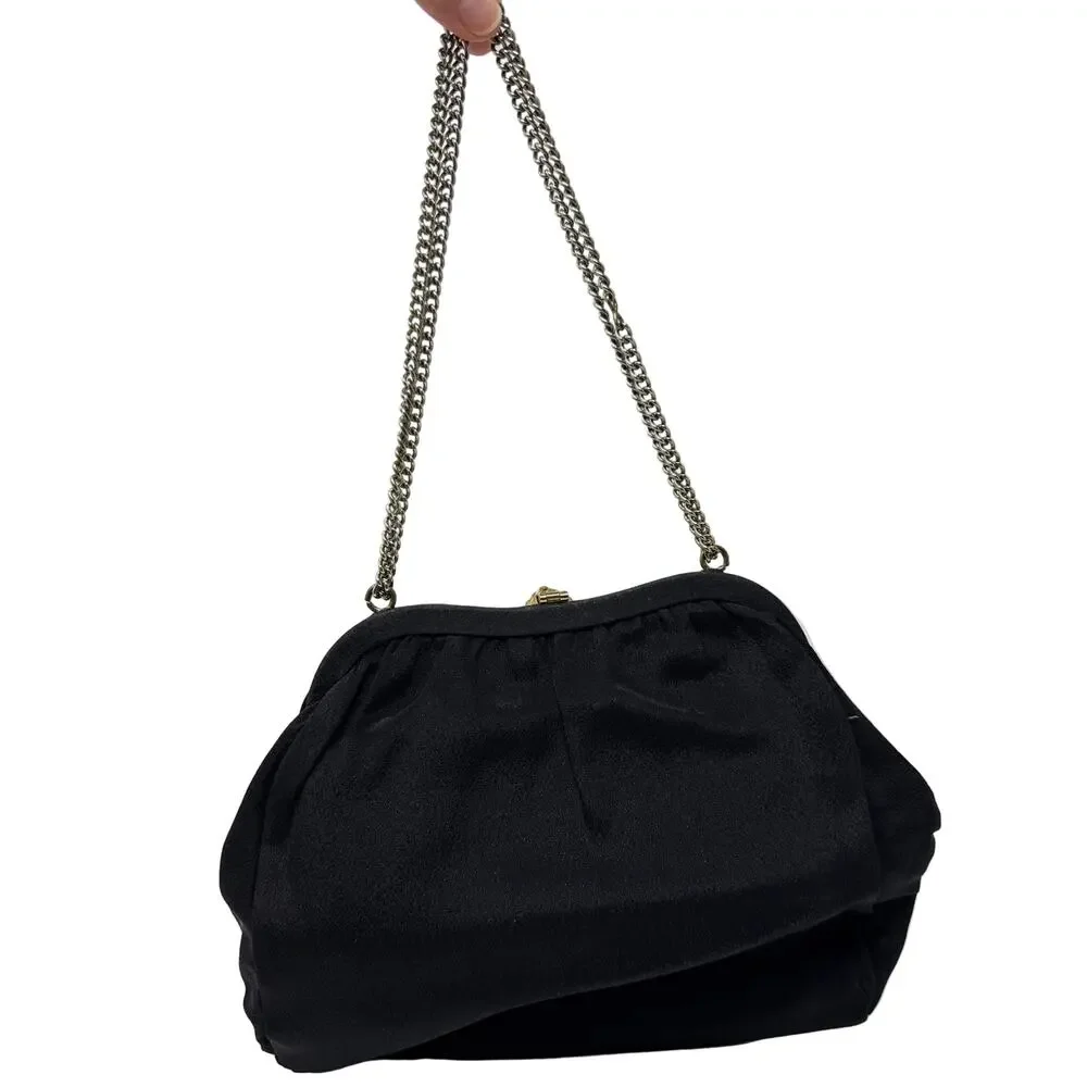 Vintage 40s Black Satin Crepe Chain Strap Evening Bag Purse